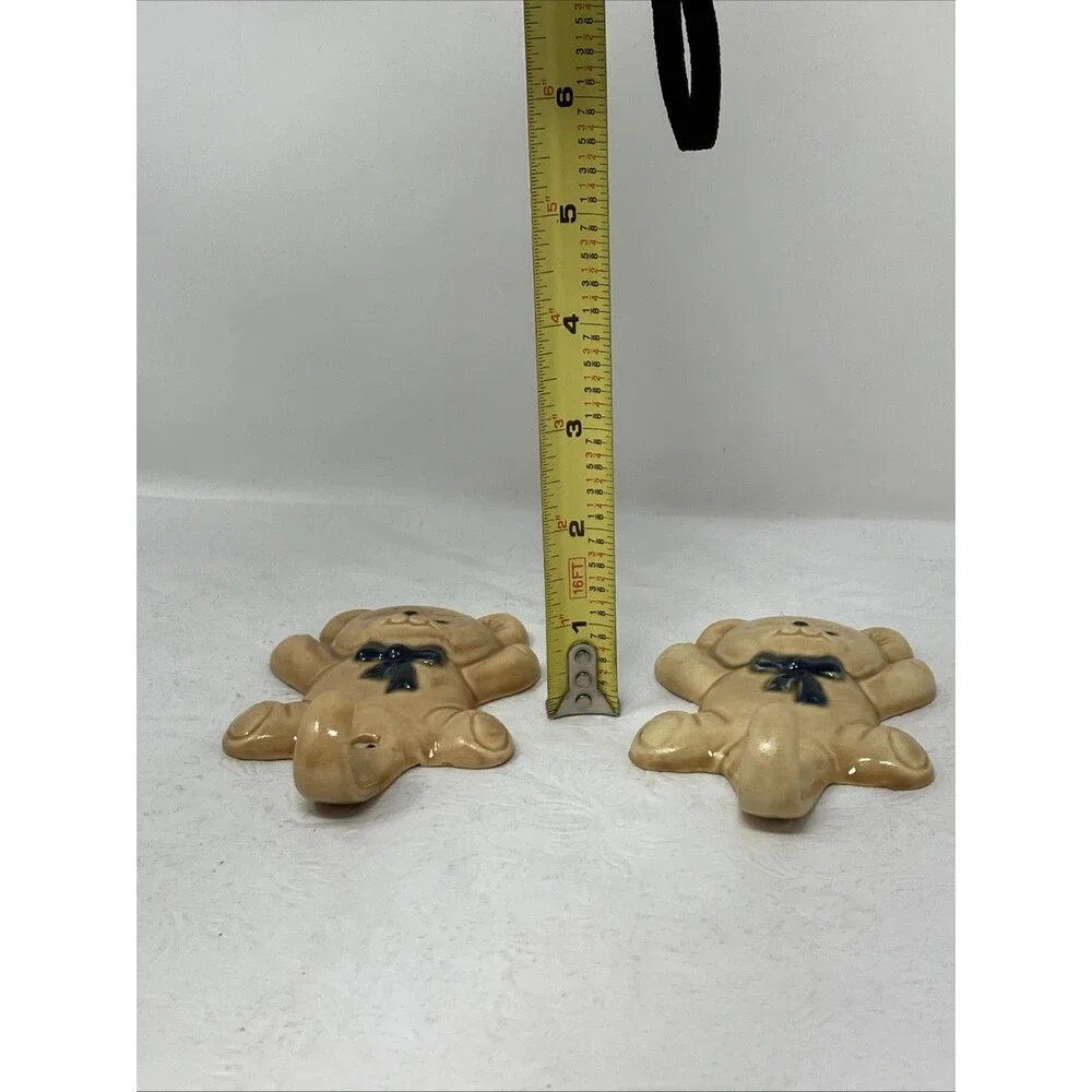 2 VTG Ceramic Teddy Bear w Blue Bow Wall Hook Hangers Set Baby Boy Nursery Beige